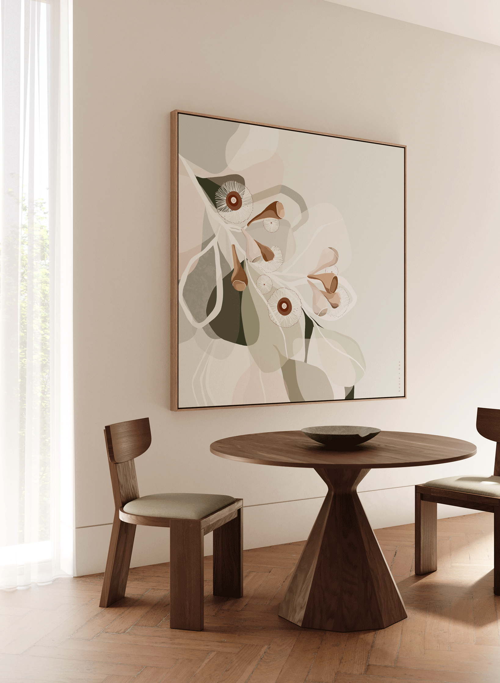 EUCALYPT BLOOM 1 SAGE // 120X120CM // CANVAS WITH OAK FRAME