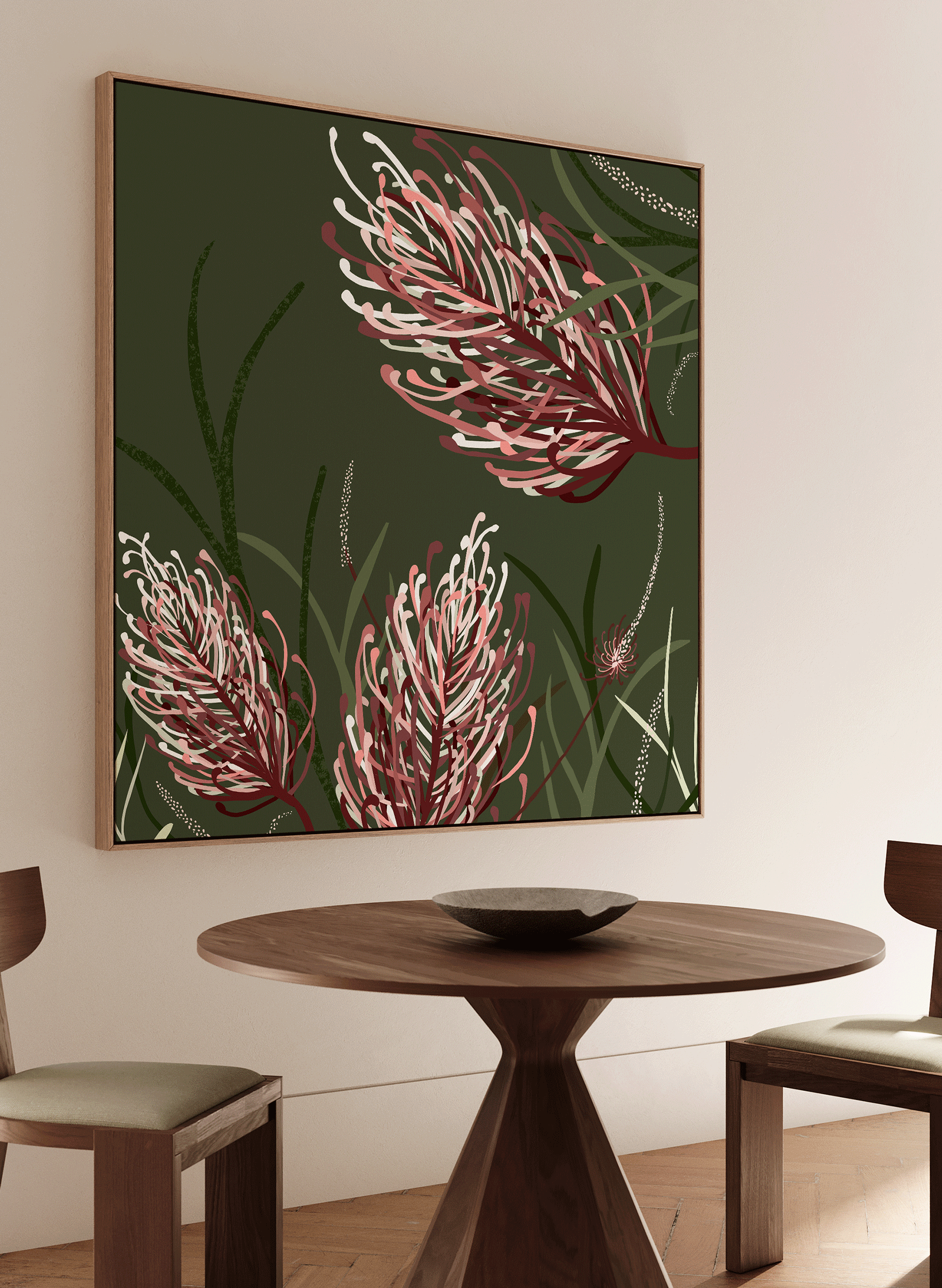 Dining room with a round table and chairs, and a large floral painting on the wall.